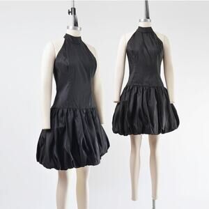 Vintage 80s Black Party Dress Dropped Waist Bubble Hem Sleeveless Halter Dress S